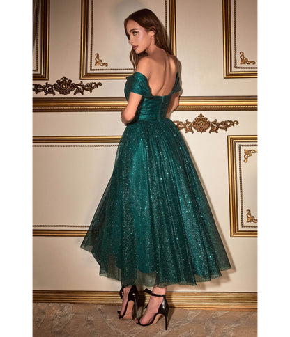 Emerald Green Glitter Off The Shoulder Tea Length Dress - Unique Vintage - Womens, DRESSES, PROM AND SPECIAL OCCASION