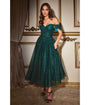 Cinderella Divine  Emerald Green Glitter Off The Shoulder Tea Length Dress