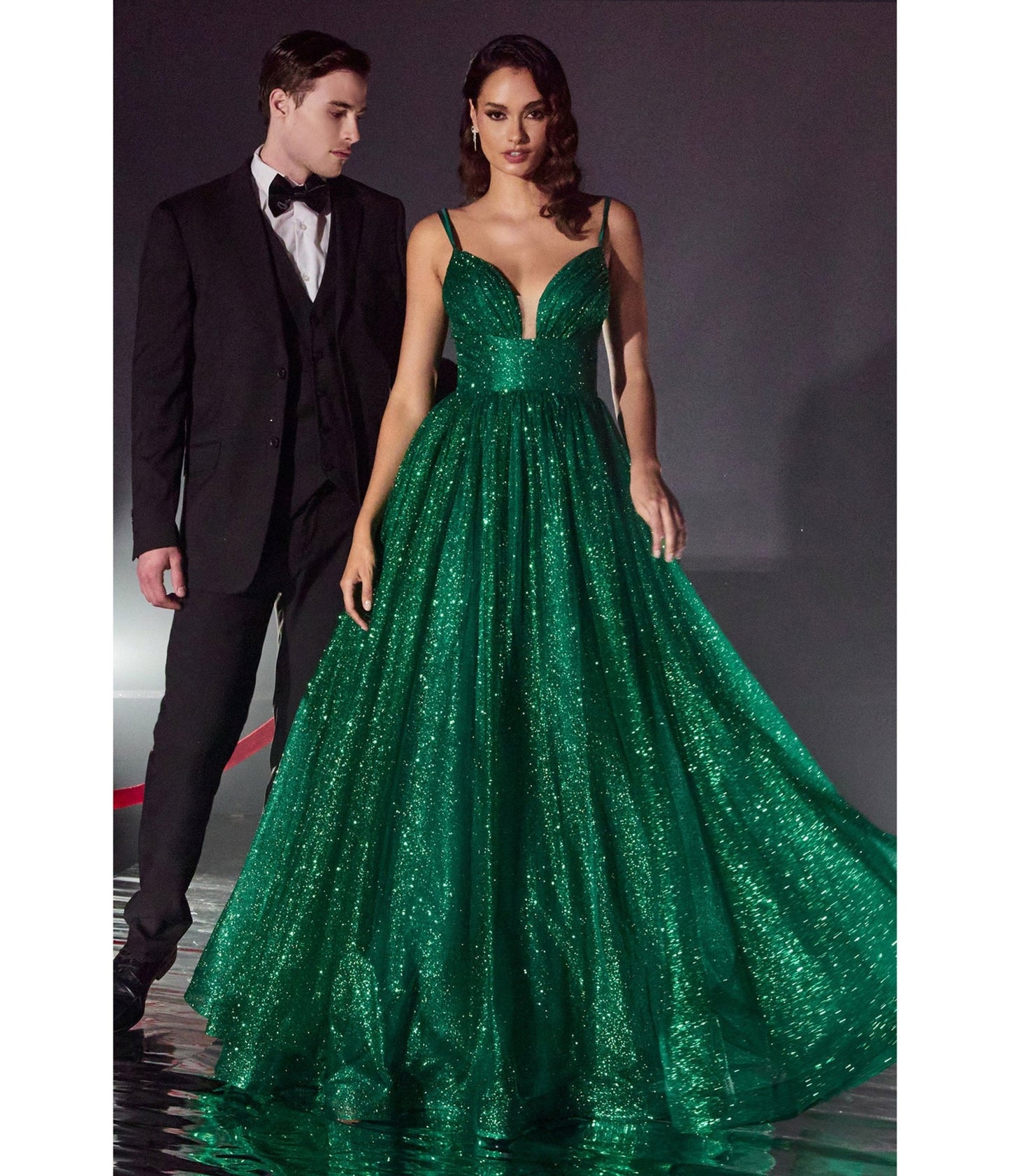 Emerald Green Glitter Sleeveless Ball Gown - Unique Vintage - Womens, DRESSES, PROM AND SPECIAL OCCASION