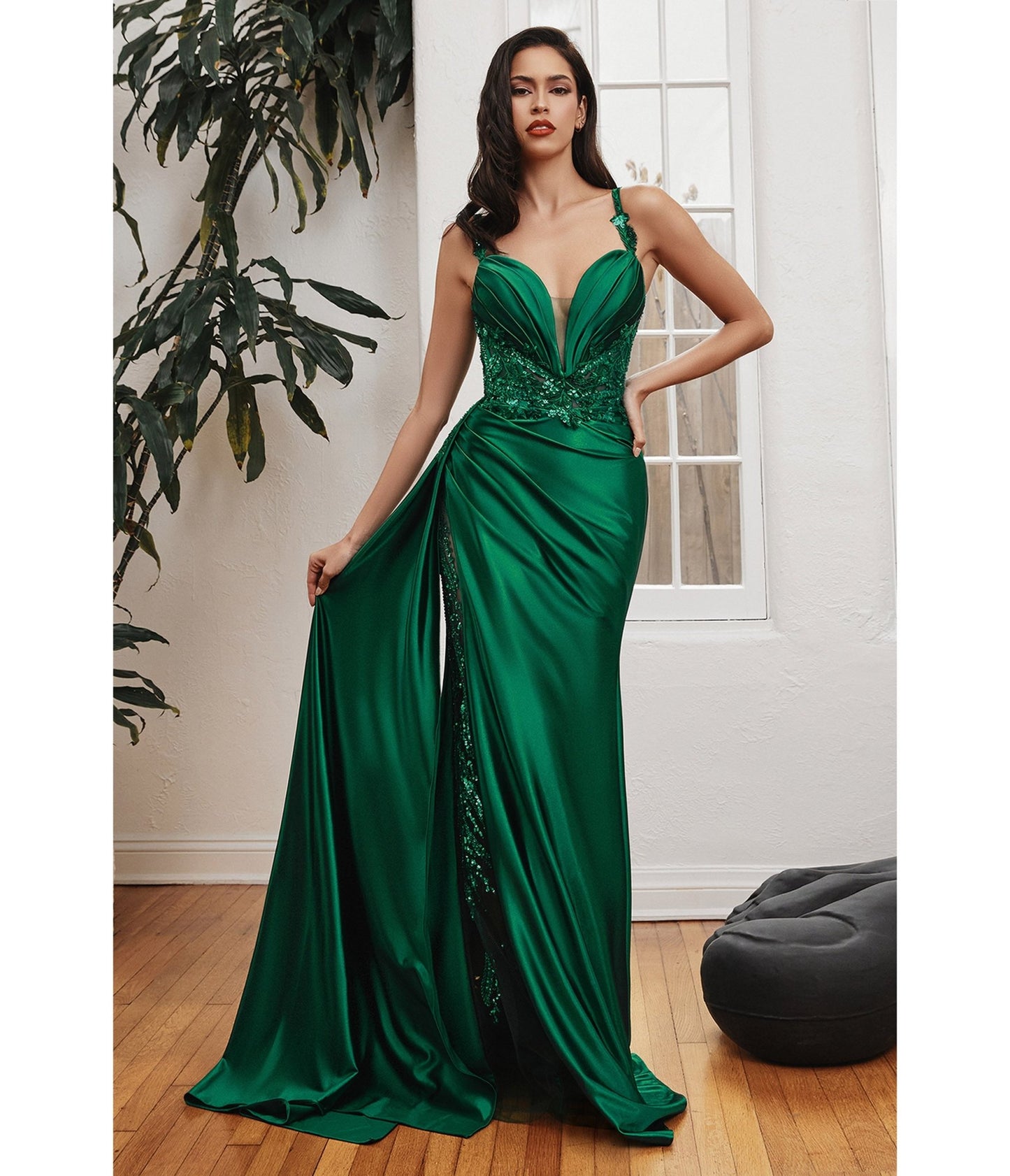 Emerald Green Soft Satin Sheer Leaves Gown - Unique Vintage - Womens, DRESSES, PROM AND SPECIAL OCCASION