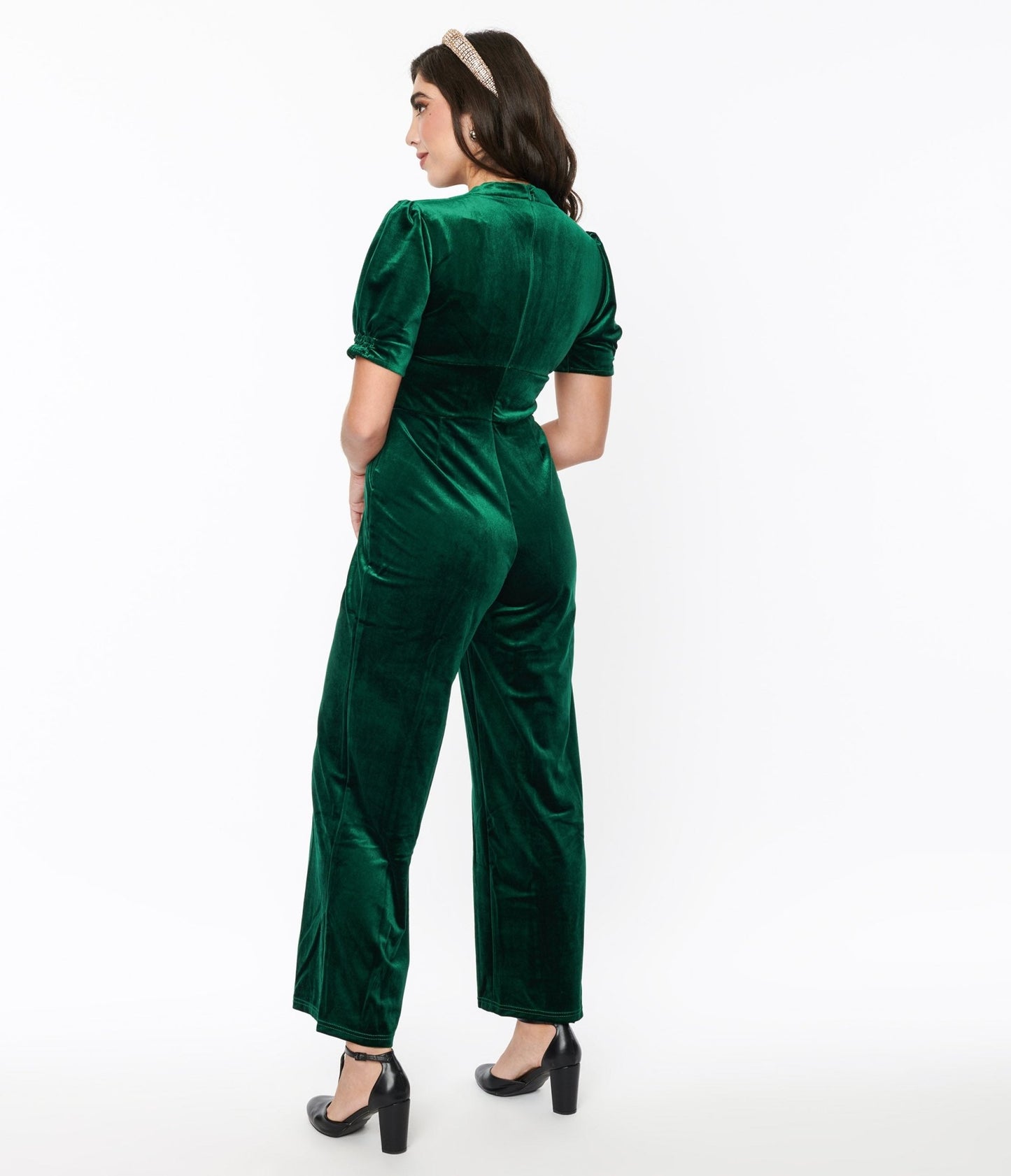 Emerald Green Velvet Jumpsuit - Unique Vintage - Womens, BOTTOMS, ROMPERS AND JUMPSUITS
