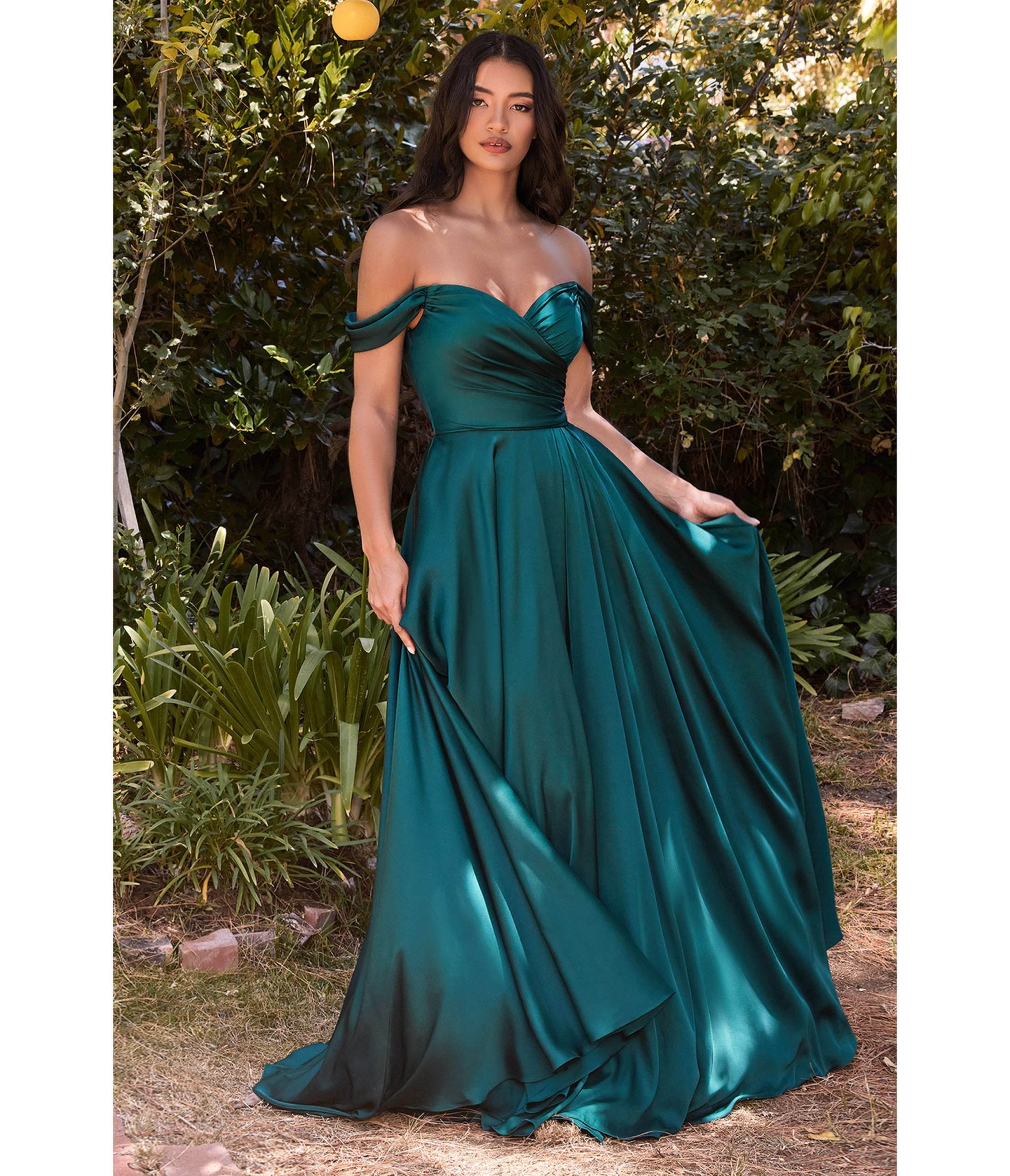 Emerald Satin Off The Shoulder Bridesmaid Gown - Unique Vintage - Womens, DRESSES, PROM AND SPECIAL OCCASION