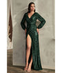 Cinderella Divine  Emerald Sequin Long Sleeve Slit Evening Gown