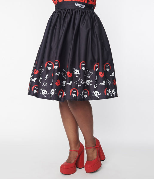 Emily The Strange x Unique Vintage Black & Emily Border Print Gellar Swing  Skirt