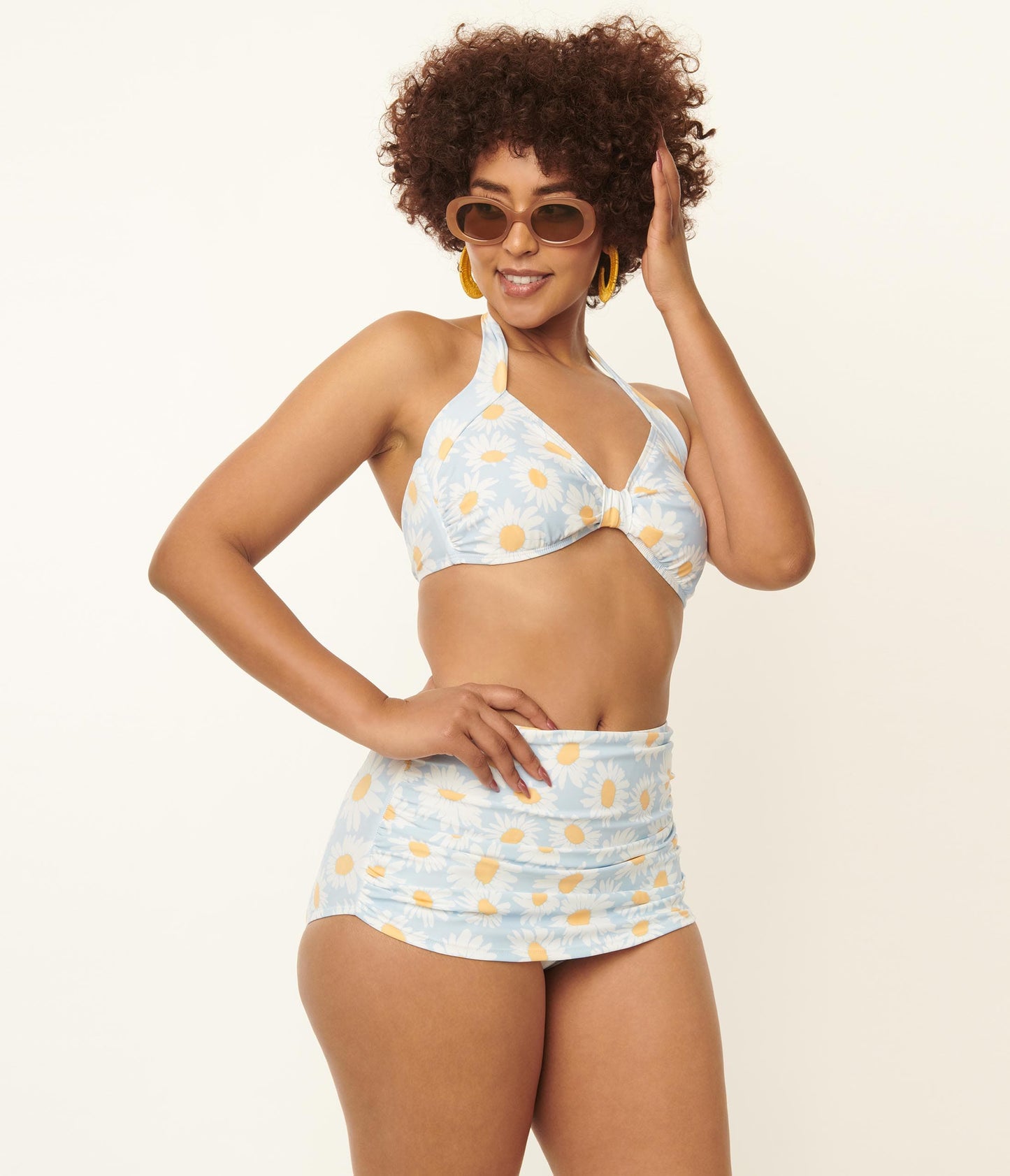 Esther Williams 1950s Light Blue & White Daisy Print Bikini Set - Unique Vintage - Womens, SWIM, TOP