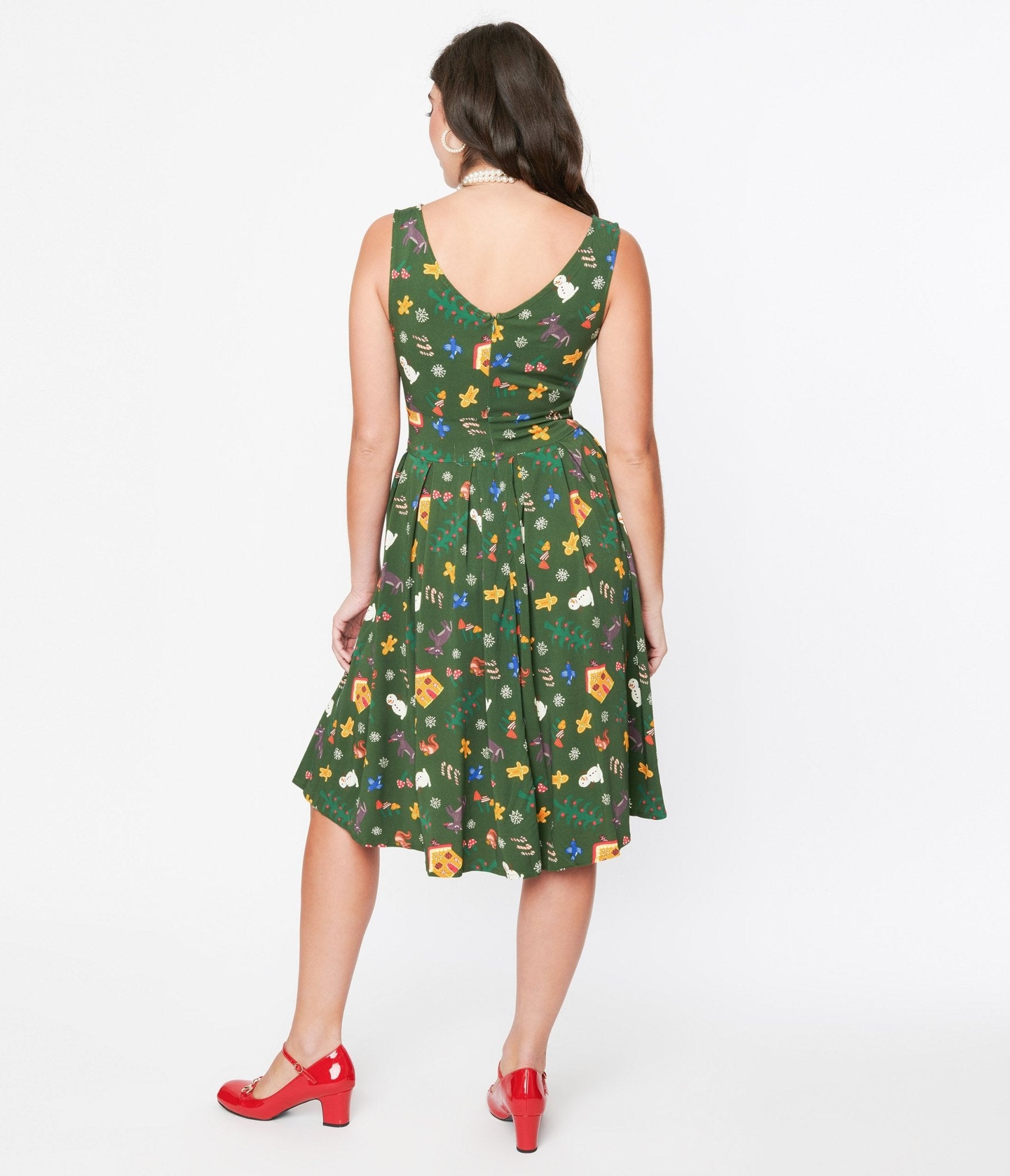 Forest Green Holiday Print Swing Dress - Unique Vintage - Womens, DRESSES, SWING