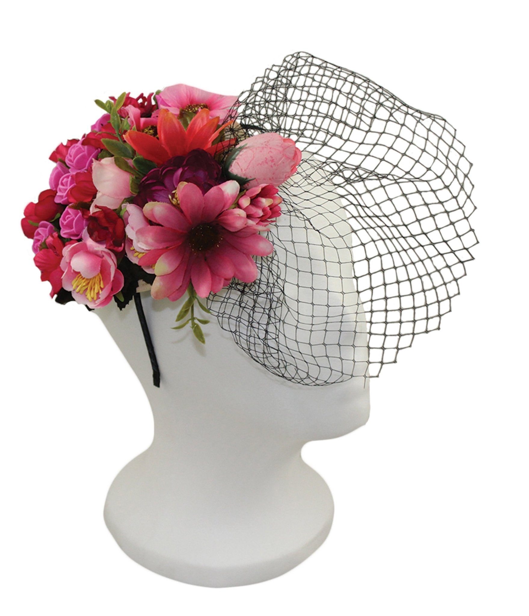 Fuchsia Floral Netted Fascinator - Unique Vintage - Womens, ACCESSORIES, HAIR
