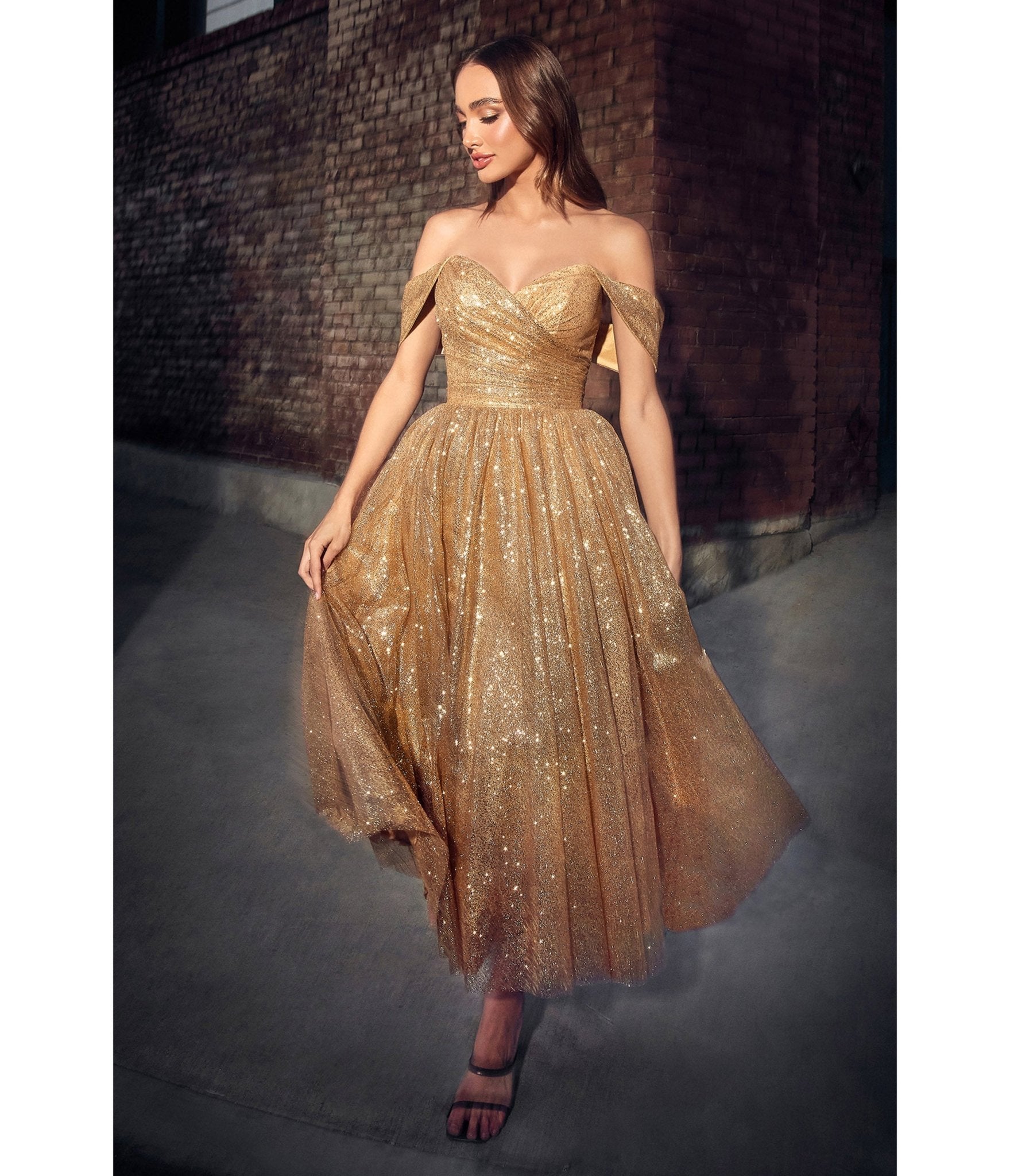 Gold Glitter Off The Shoulder Tea Length Dress - Unique Vintage - Womens, DRESSES, PROM AND SPECIAL OCCASION