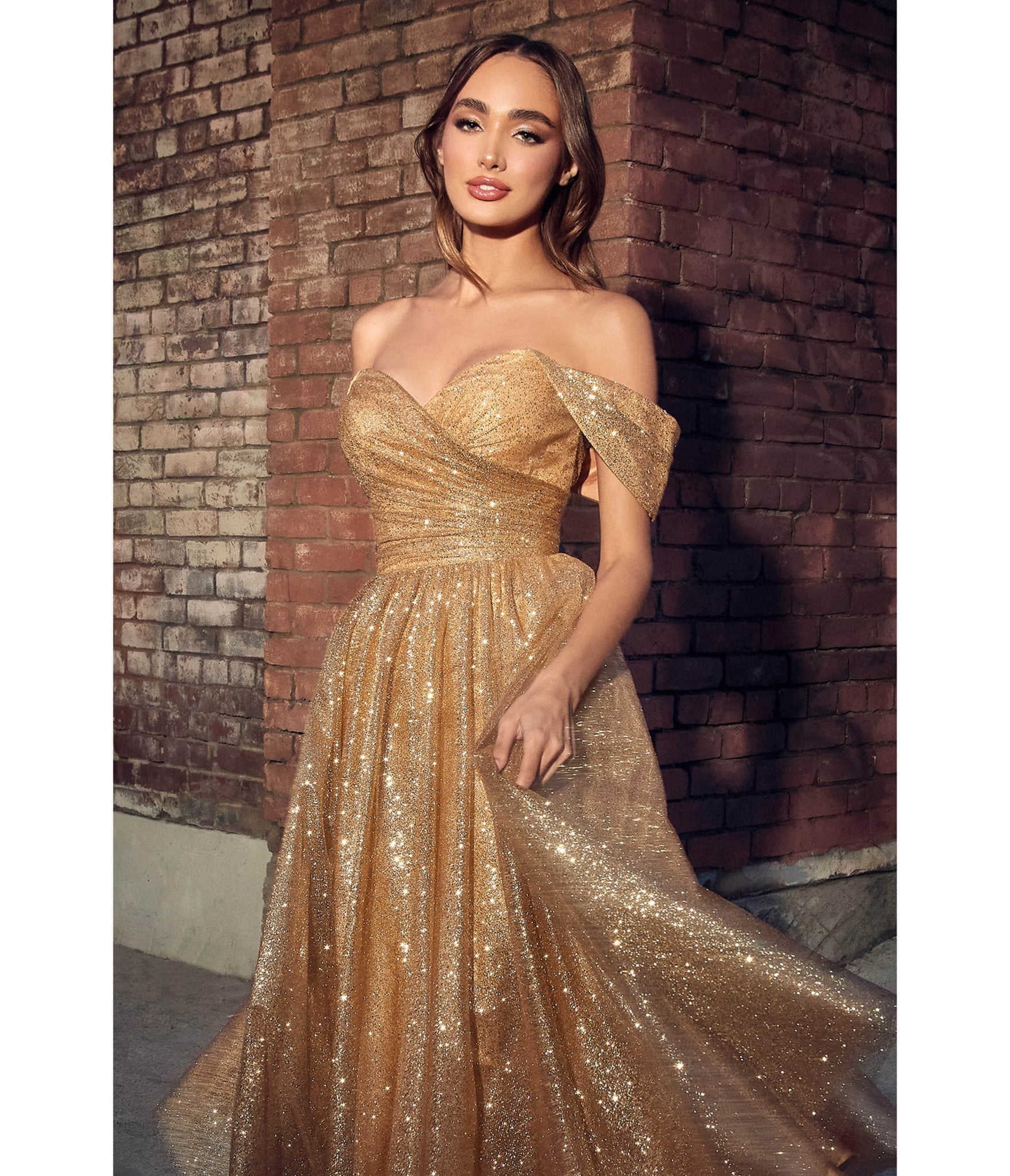 Gold Glitter Off The Shoulder Tea Length Dress - Unique Vintage - Womens, DRESSES, PROM AND SPECIAL OCCASION