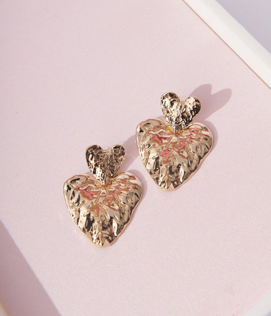 Gold Melt Dual Heart Drop Earrings - Unique Vintage - Womens, ACCESSORIES, JEWELRY