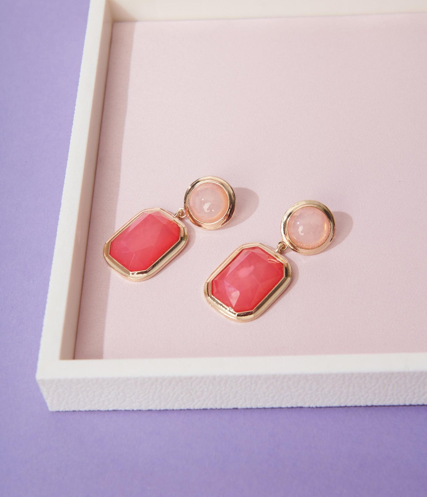 Gold & Pink Geometric Drop Earrings - Unique Vintage - Womens, ACCESSORIES, JEWELRY