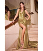Cinderella Divine  Gold Pleated Satin Halter Corset Evening Gown