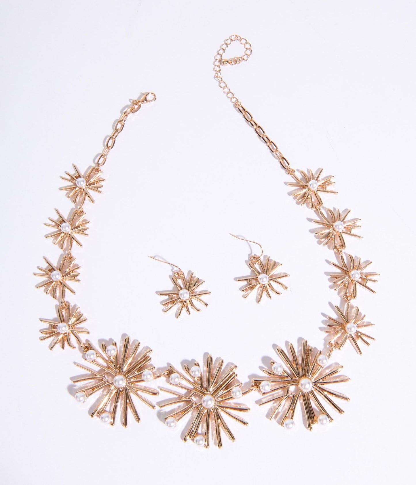 Golden Starburst & Pearl Necklace & Earring Set - Unique Vintage - Womens, ACCESSORIES, JEWELRY