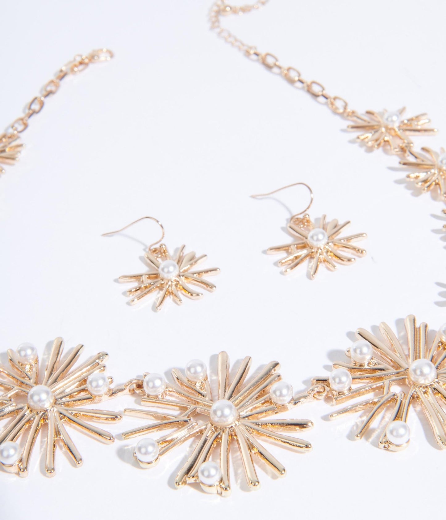 Golden Starburst & Pearl Necklace & Earring Set - Unique Vintage - Womens, ACCESSORIES, JEWELRY