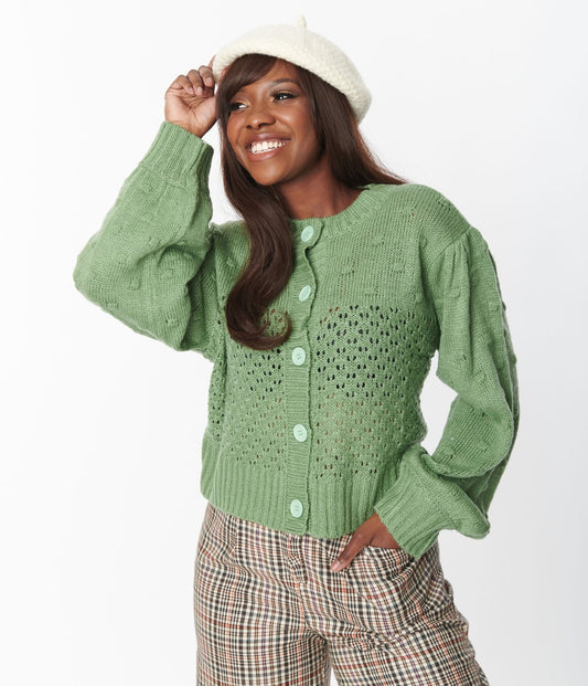 Green Eyelet Pom Pom Puff Sleeve Cardigan - Unique Vintage - Womens, TOPS, SWEATERS