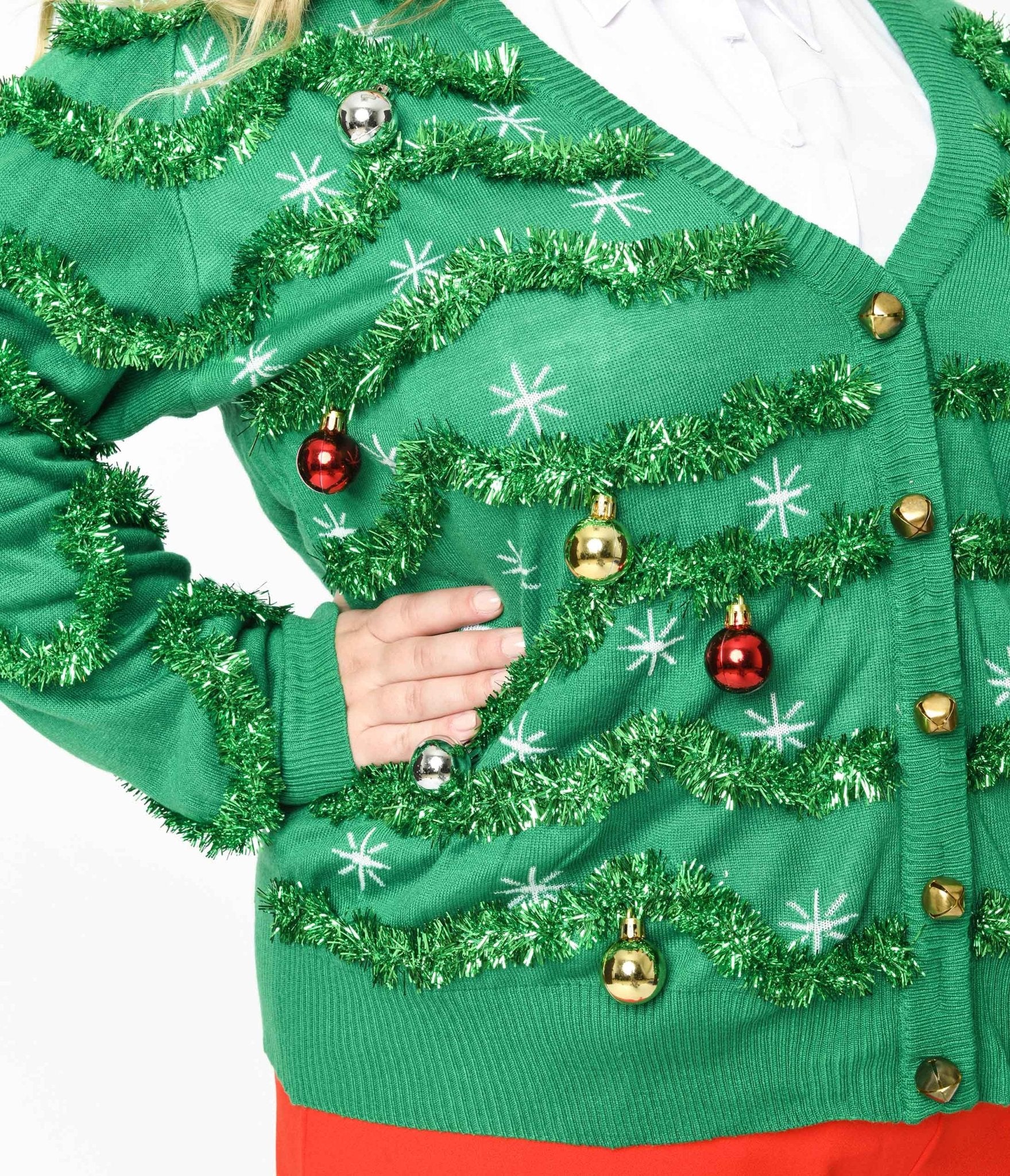 Green Garland & Ornament Cardigan - Unique Vintage - Womens, TOPS, SWEATERS