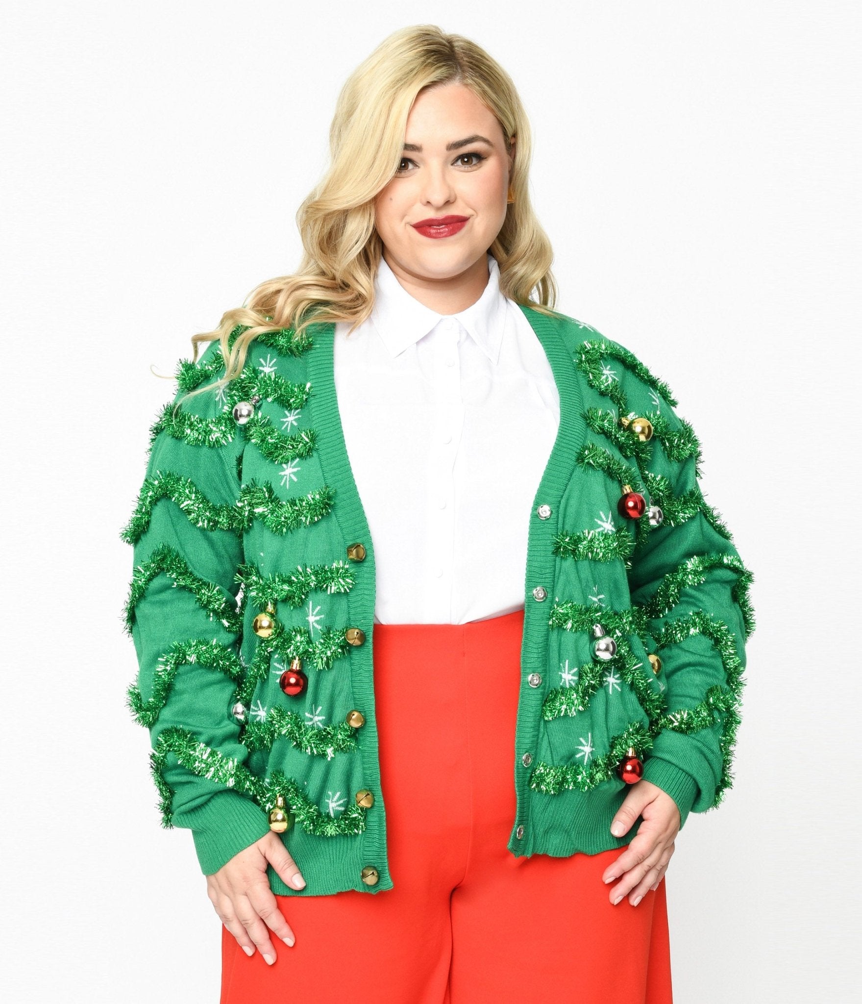 Green Garland & Ornament Cardigan - Unique Vintage - Womens, TOPS, SWEATERS
