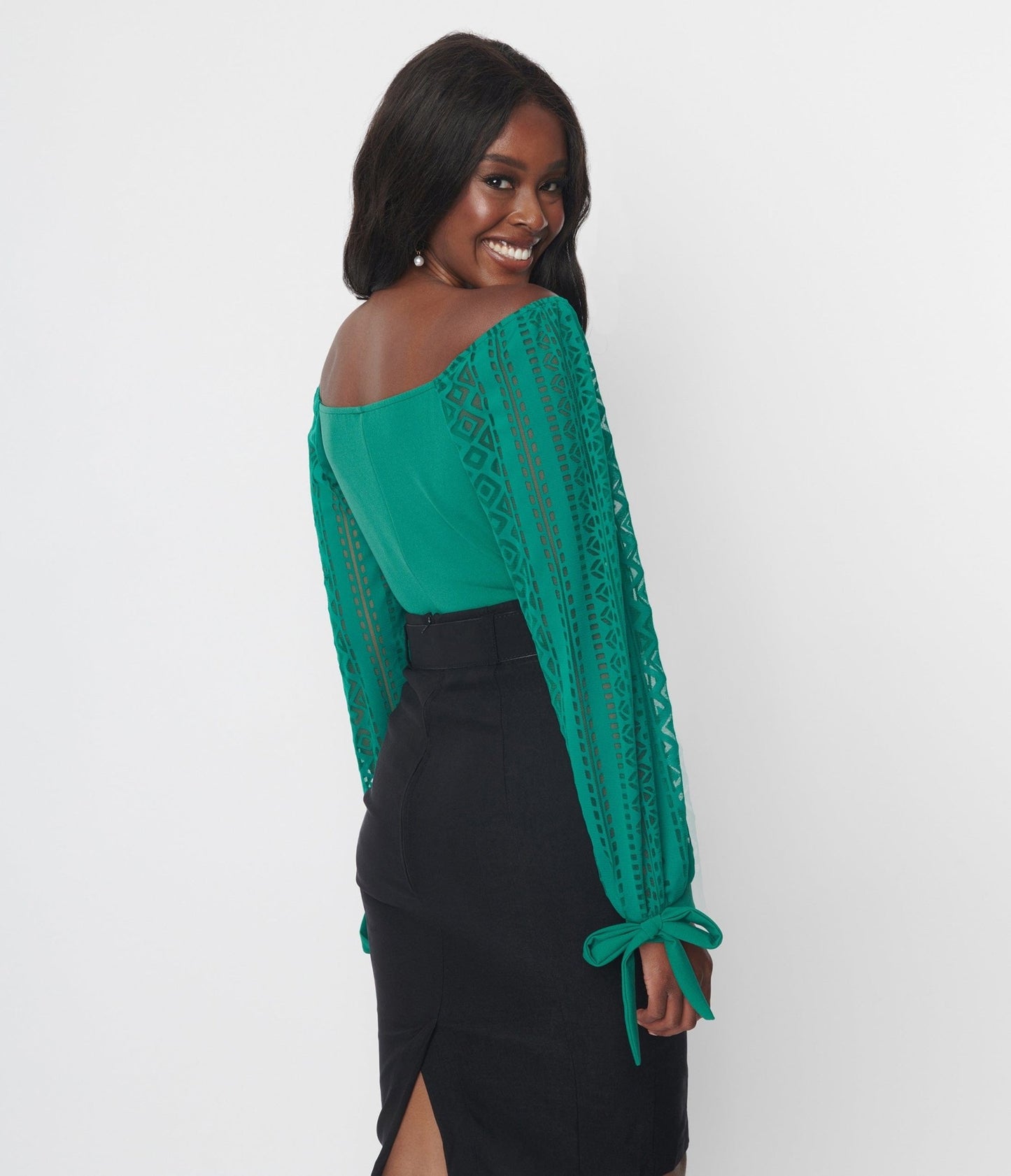Green Geometric Off The Shoulder Top - Unique Vintage - Womens, TOPS, WOVEN TOPS
