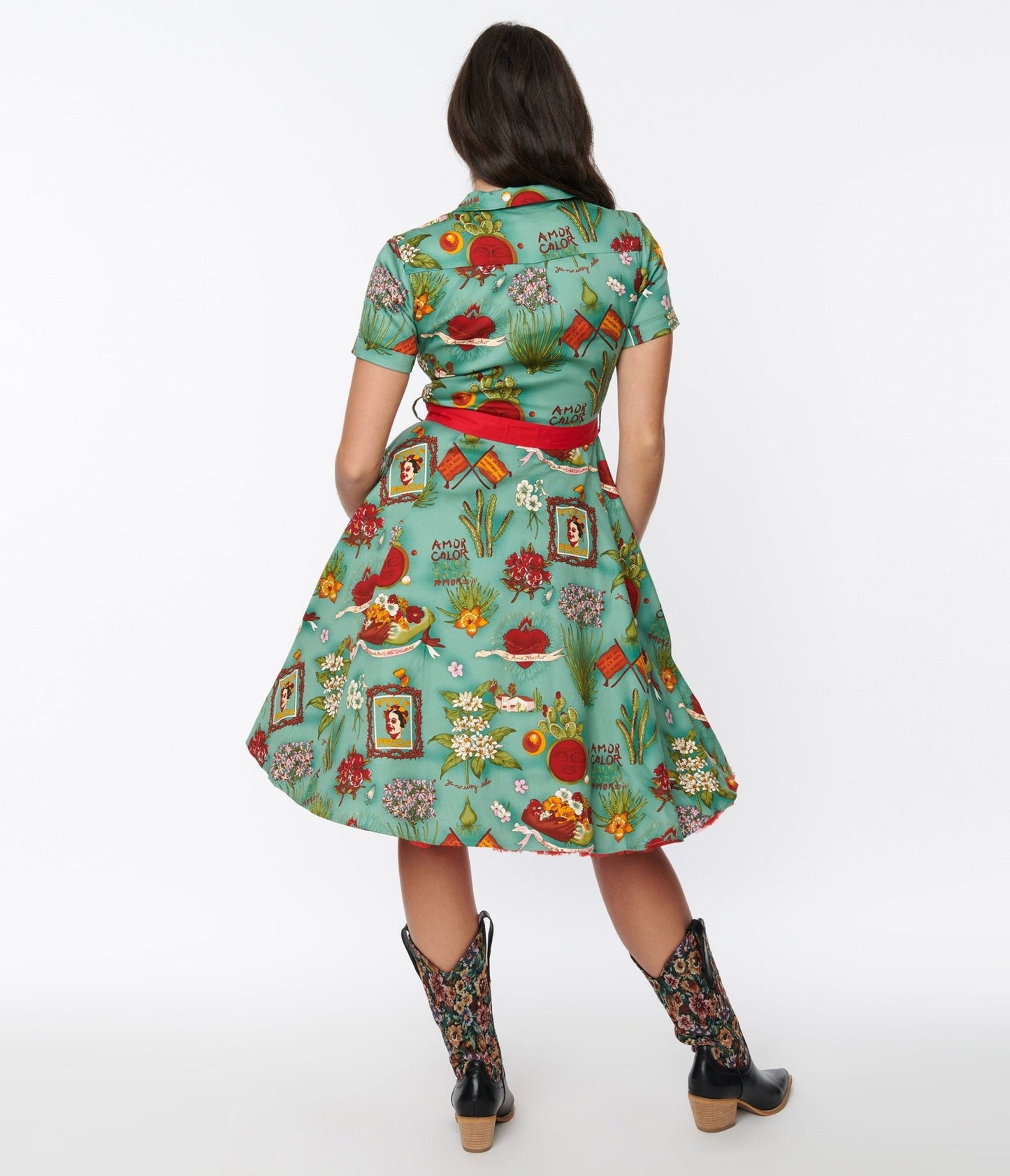 Green Love Letter to Frida Swing Dress - Unique Vintage - Womens, DRESSES, SWING
