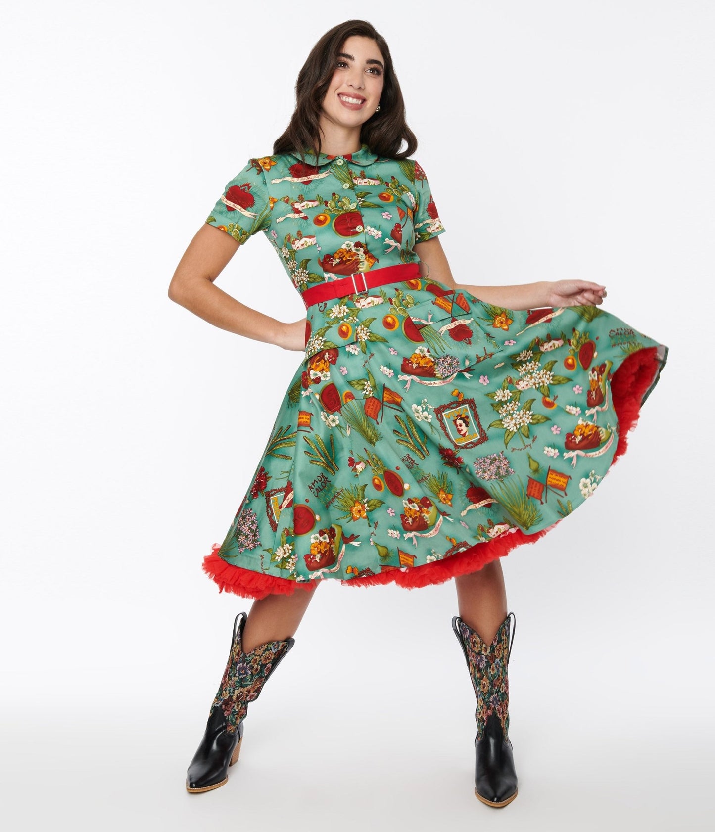 Green Love Letter to Frida Swing Dress - Unique Vintage - Womens, DRESSES, SWING