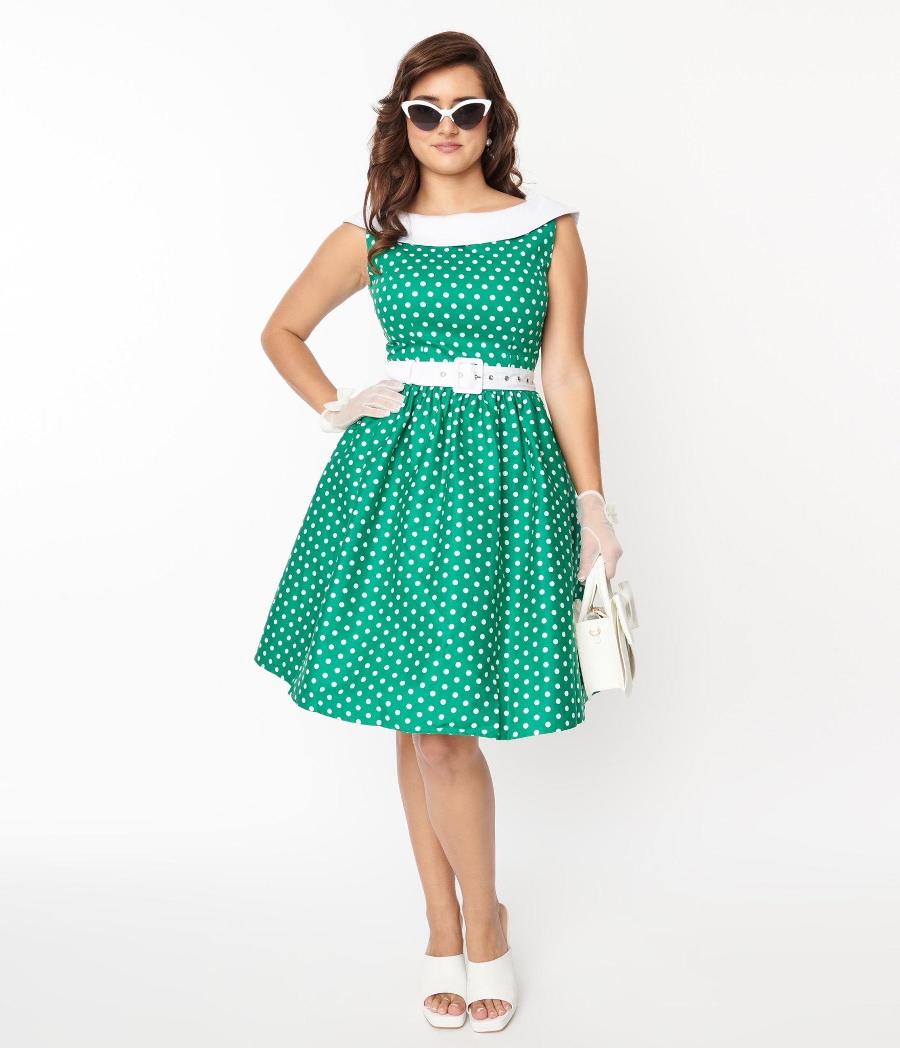 Green & White Polka Dot Cindy Swing Dress - Unique Vintage - Womens, DRESSES, SWING