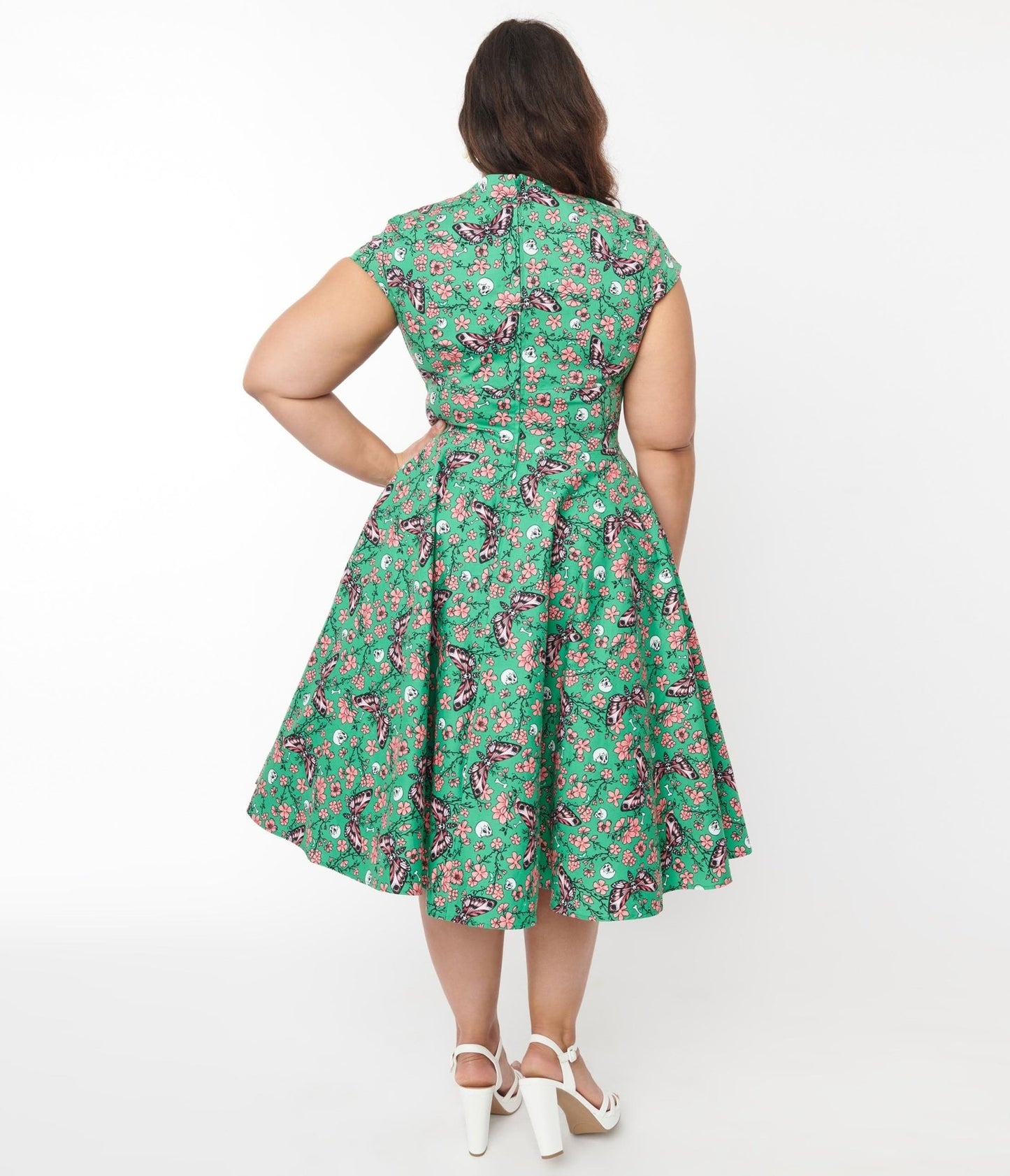 Hell Bunny Green Skeleton & Moths Floral Madilynn Midi Dress - Unique Vintage - Womens, DRESSES, SWING