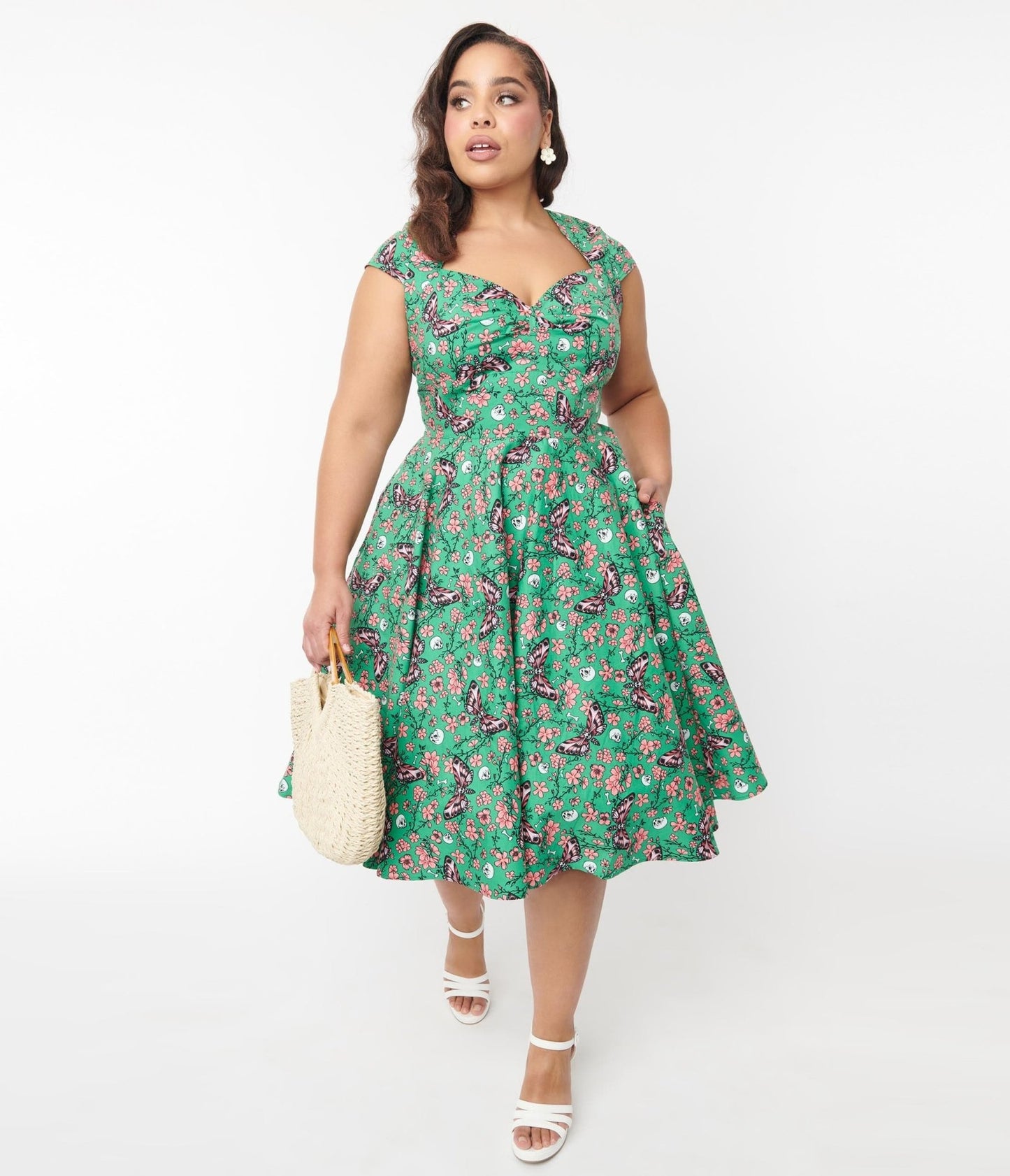 Hell Bunny Green Skeleton & Moths Floral Madilynn Midi Dress - Unique Vintage - Womens, DRESSES, SWING