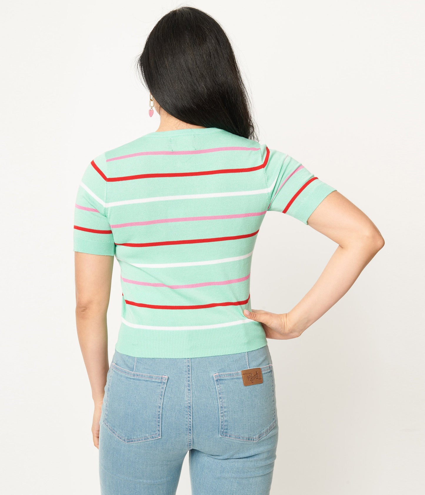 Hell Bunny Mint Stripe Berry Knit Top - Unique Vintage - Womens, TOPS, KNIT TOPS