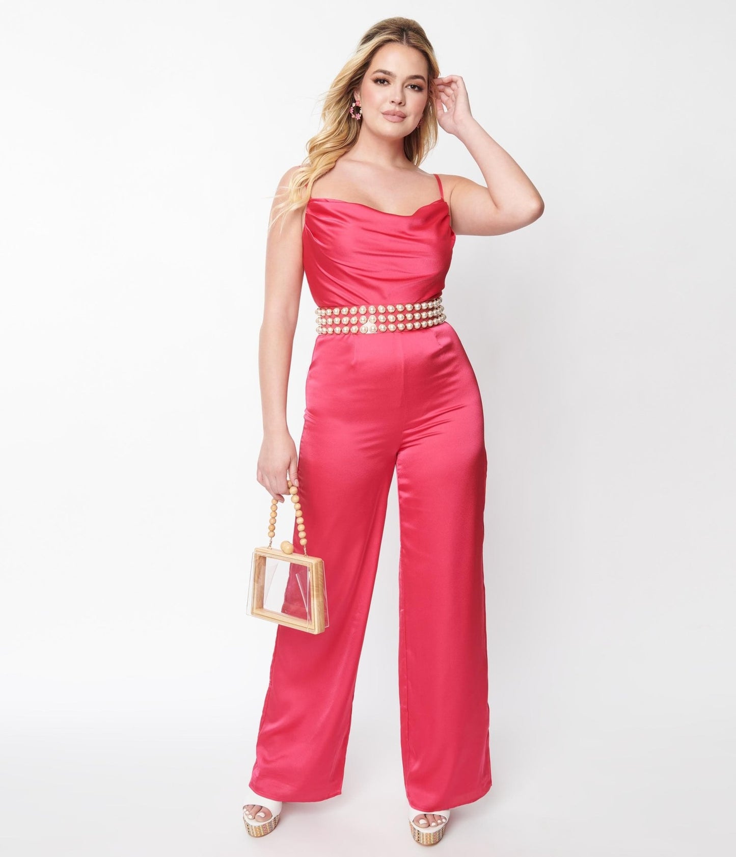 Hot Pink Chateau Satin Cowl Neck Jumpsuit - Unique Vintage - Womens, BOTTOMS, ROMPERS AND JUMPSUITS