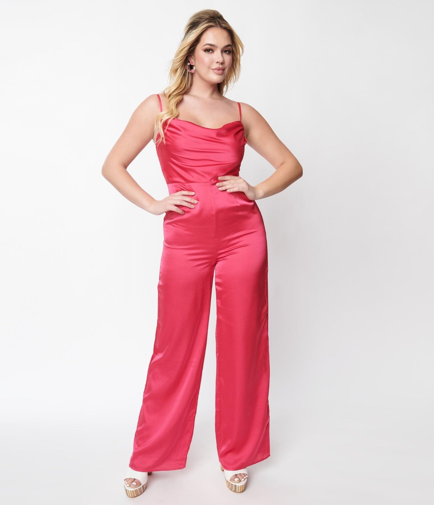 Hot Pink Chateau Satin Cowl Neck Jumpsuit - Unique Vintage - Womens, BOTTOMS, ROMPERS AND JUMPSUITS