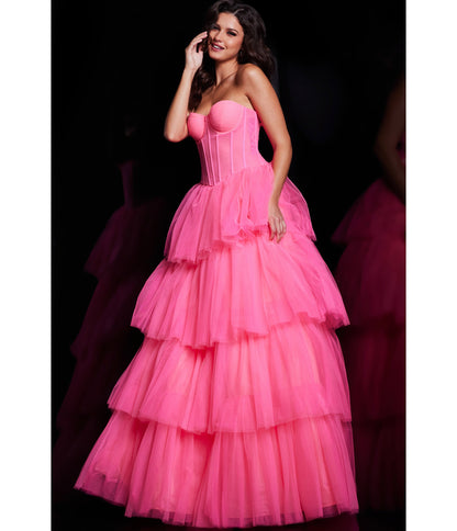 Hot Pink Tulle Corset Bodice Ballgown - Unique Vintage - Womens, DRESSES, PROM AND SPECIAL OCCASION