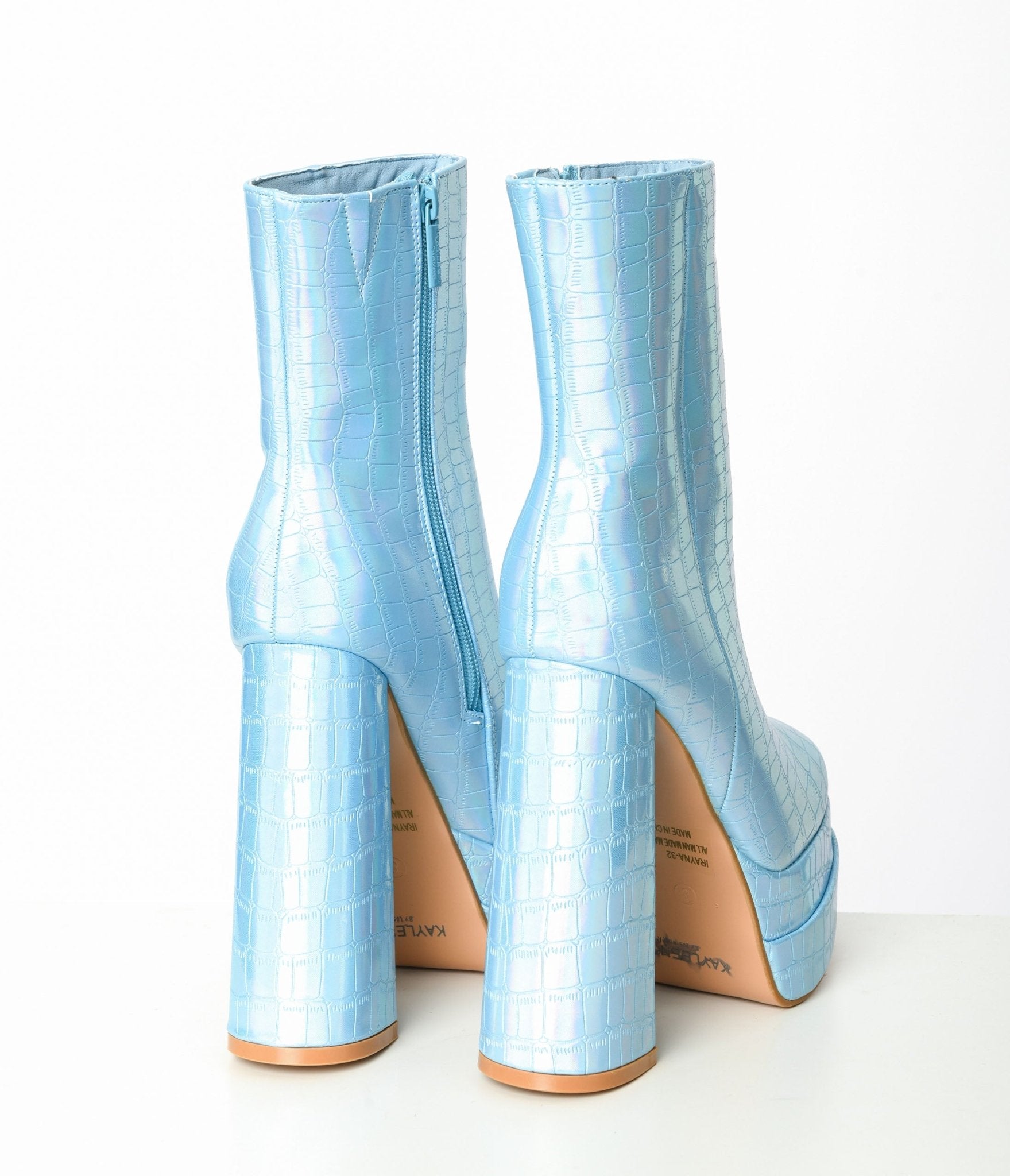 Iridescent Metallic Blue Reptile Platform Boots - Unique Vintage - Womens, SHOES, BOOTS