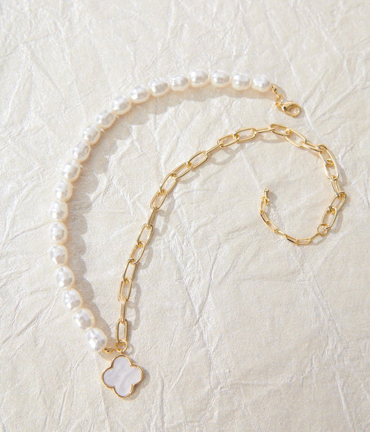 Ivory Clover Pearl & Gold Chain Link Necklace - Unique Vintage - Womens, ACCESSORIES, JEWELRY