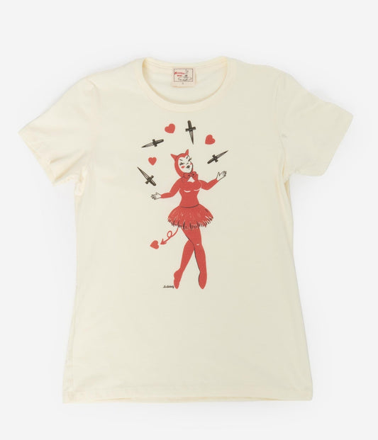 Ivory Juggling Devil Fitted Fitted Graphic Tee - Unique Vintage - Womens, GRAPHIC TEES, TEES