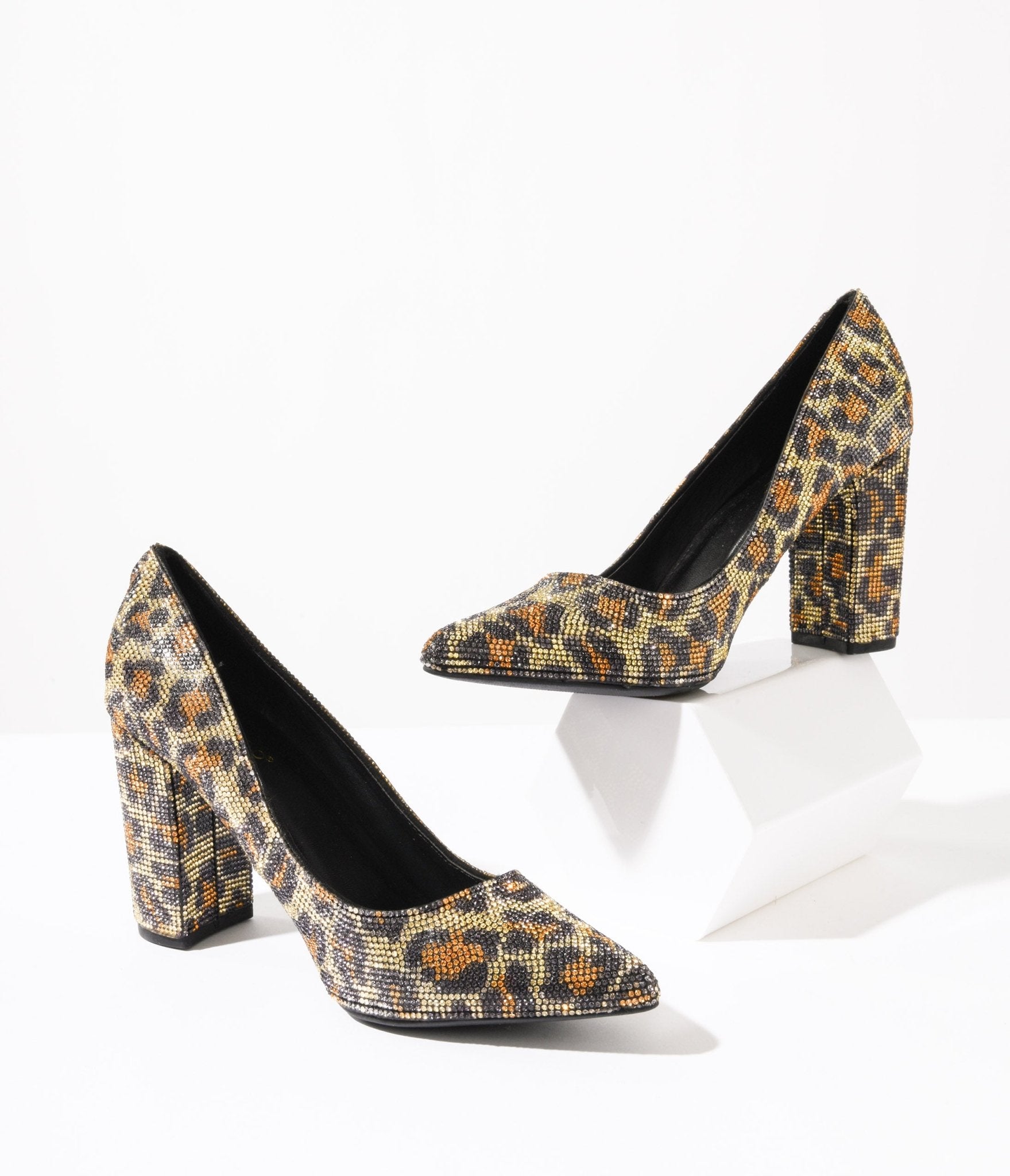 Leopard Rhinestone Block Heels - Unique Vintage - Womens, SHOES, HEELS