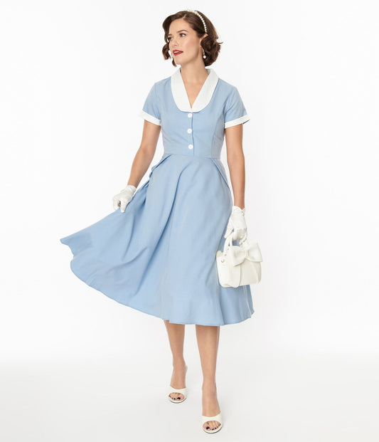 Light Blue & White Hepburn Swing Dress - Unique Vintage - Womens, DRESSES, SWING