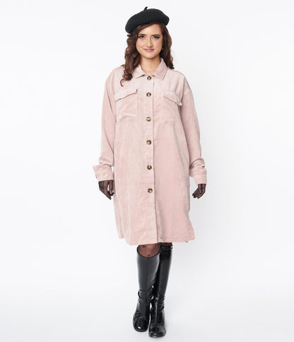 Light Pink Corduroy Long Jacket - Unique Vintage - Womens, TOPS, OUTERWEAR