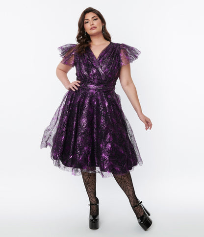 Magnolia Place Black & Purple Spider Web Midori Swing Dress - Unique Vintage - Womens, HALLOWEEN, DRESSES