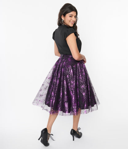 Magnolia Place Black & Purple Spiderweb Sally Swing Skirt - Unique Vintage - Womens, HALLOWEEN, BOTTOMS
