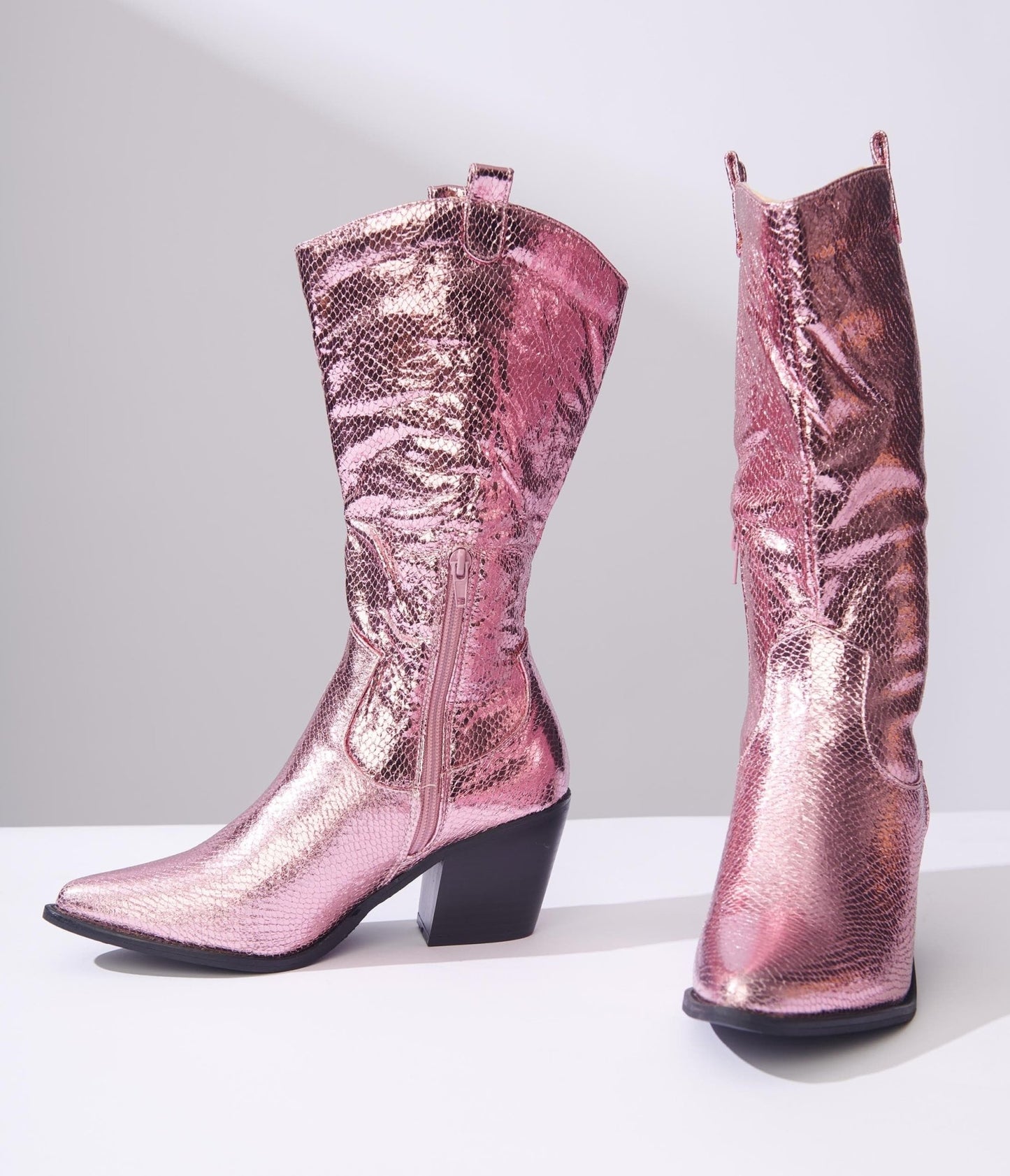 Metallic Light Pink Reptile Cowboy Boots - Unique Vintage - Womens, SHOES, BOOTS