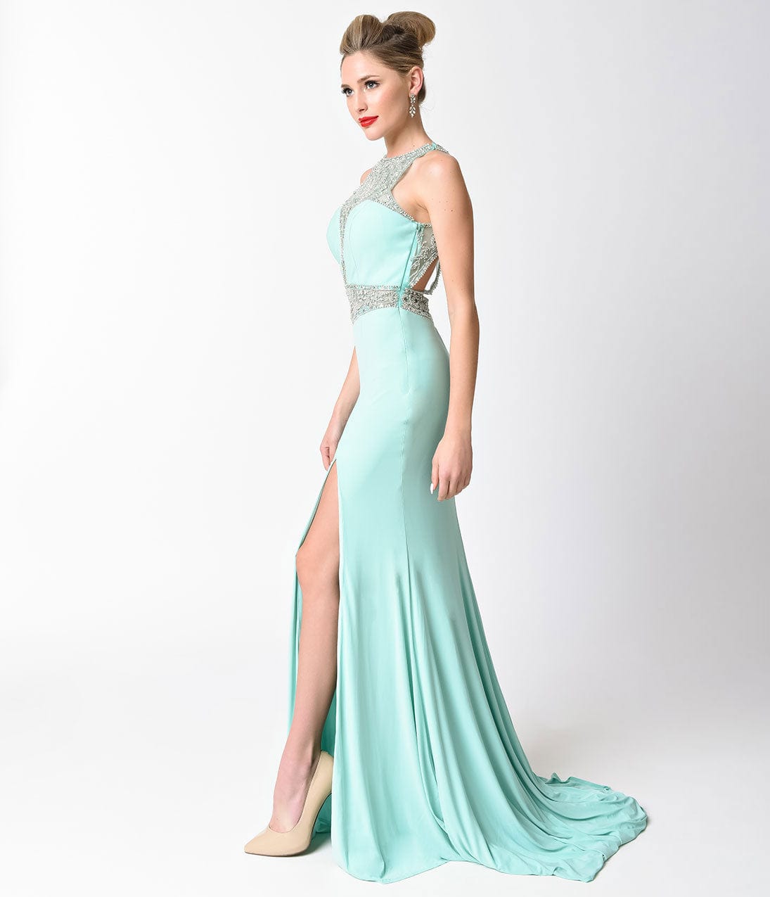 Mint Blue Fitted Jeweled Split Long Dress - Unique Vintage - Womens, DRESSES, PROM AND SPECIAL OCCASION