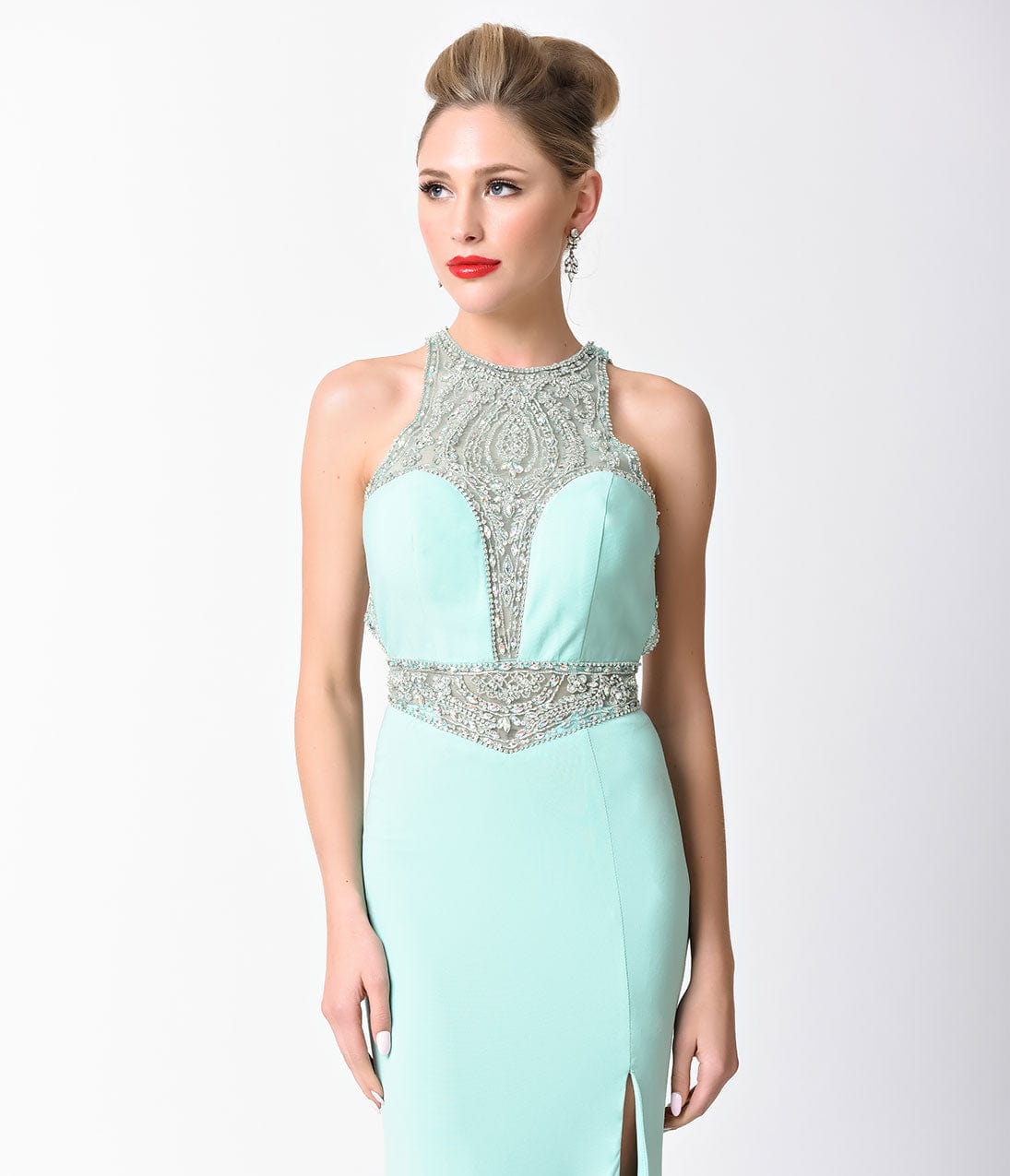 Mint Blue Fitted Jeweled Split Long Dress - Unique Vintage - Womens, DRESSES, PROM AND SPECIAL OCCASION