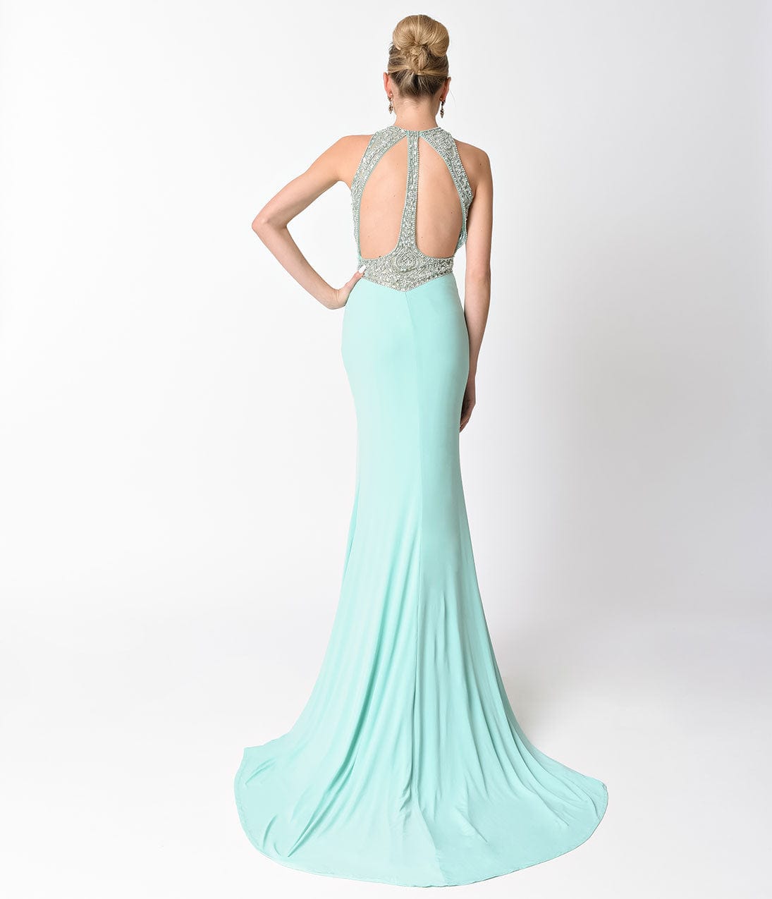 Mint Blue Fitted Jeweled Split Long Dress - Unique Vintage - Womens, DRESSES, PROM AND SPECIAL OCCASION