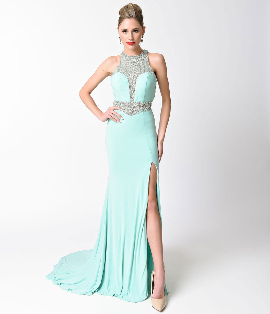 Mint Blue Fitted Jeweled Split Long Dress - Unique Vintage - Womens, DRESSES, PROM AND SPECIAL OCCASION