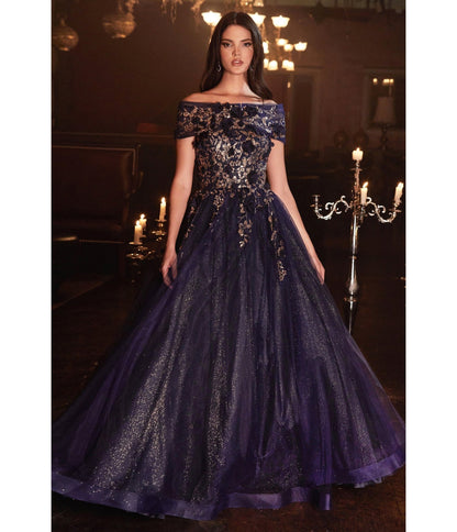 Navy & Gold Off The Shoulder Magical Glitter Prom Ball Gown - Unique Vintage - Womens, DRESSES, PROM AND SPECIAL OCCASION