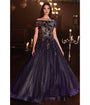 Cinderella Divine  Navy & Gold Off The Shoulder Magical Glitter Prom Ball Gown