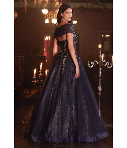 Navy & Gold Off The Shoulder Magical Glitter Prom Ball Gown - Unique Vintage - Womens, DRESSES, PROM AND SPECIAL OCCASION