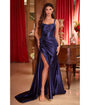 Cinderella Divine  Navy Sequin Applique & Ruched Satin Evening Gown