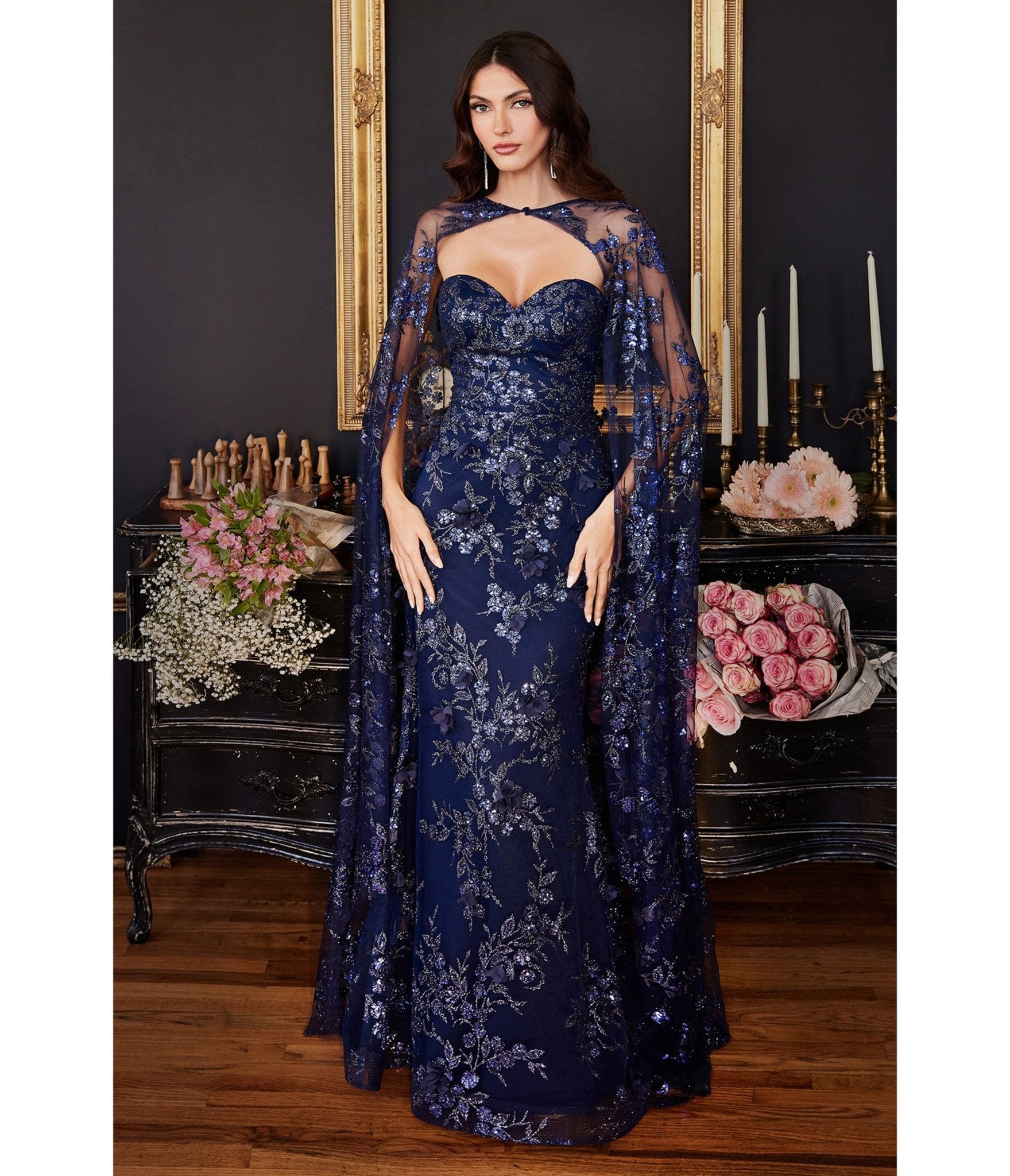 Navy Sweetheart Fitted Floral Bridesmaid Gown with Cape - Unique Vintage - Womens, DRESSES, PROM AND SPECIAL OCCASION