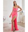 Cinderella Divine  Neon Pink Satin Beaded Draped Corset Prom Dress
